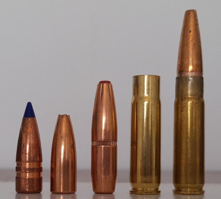 Left to right: Barnes 110gr Tac TX, Sierra 135gr hollow point, Hornady 190gr Sub-X projectiles; .300BLK shell case; Winchester 200gr subsonic factory round.