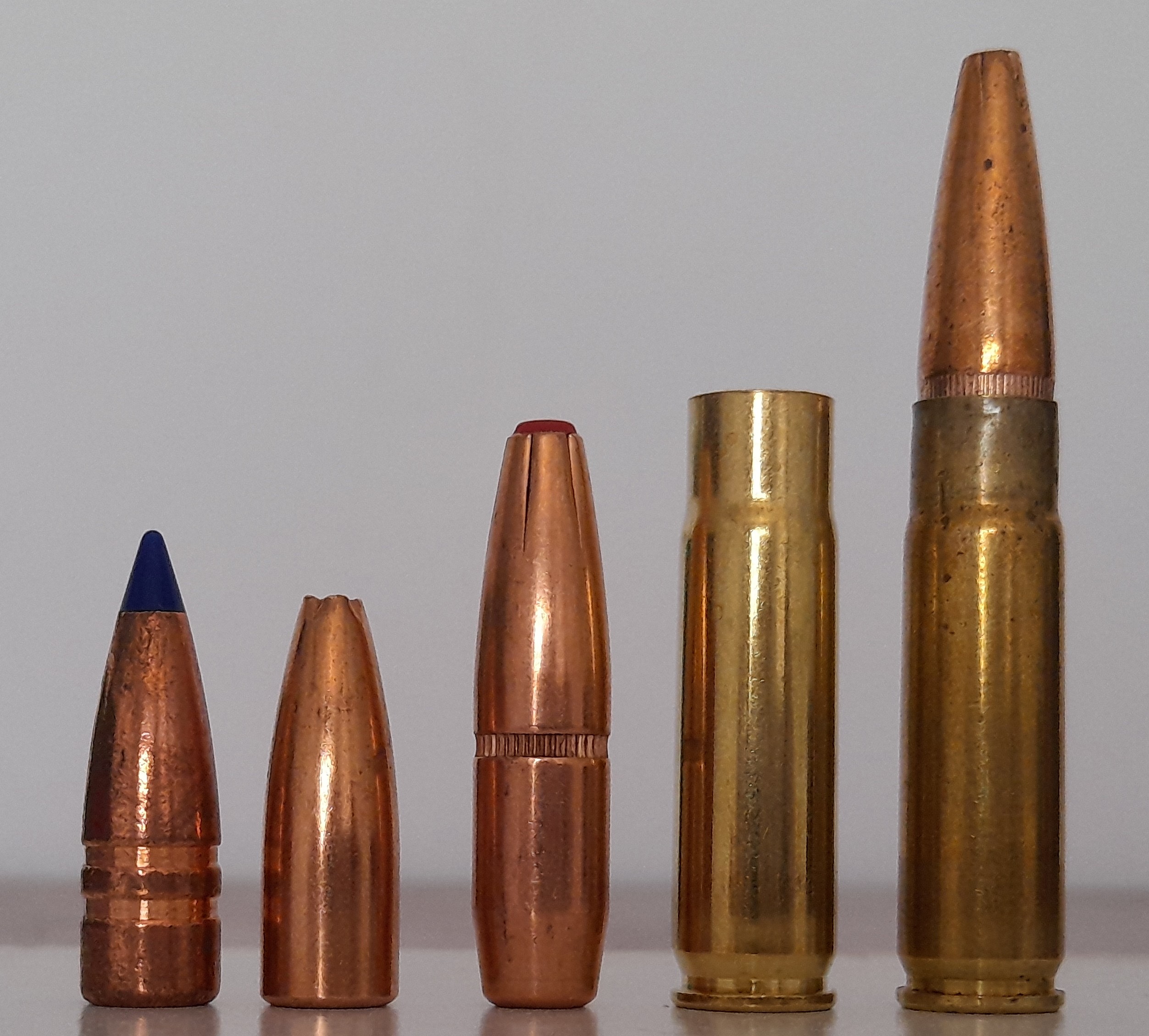 Left to right: Barnes 110gr Tac TX, Sierra 135gr hollow point, Hornady 190gr Sub-X projectiles; .300BLK shell case; Winchester 200gr subsonic factory round.